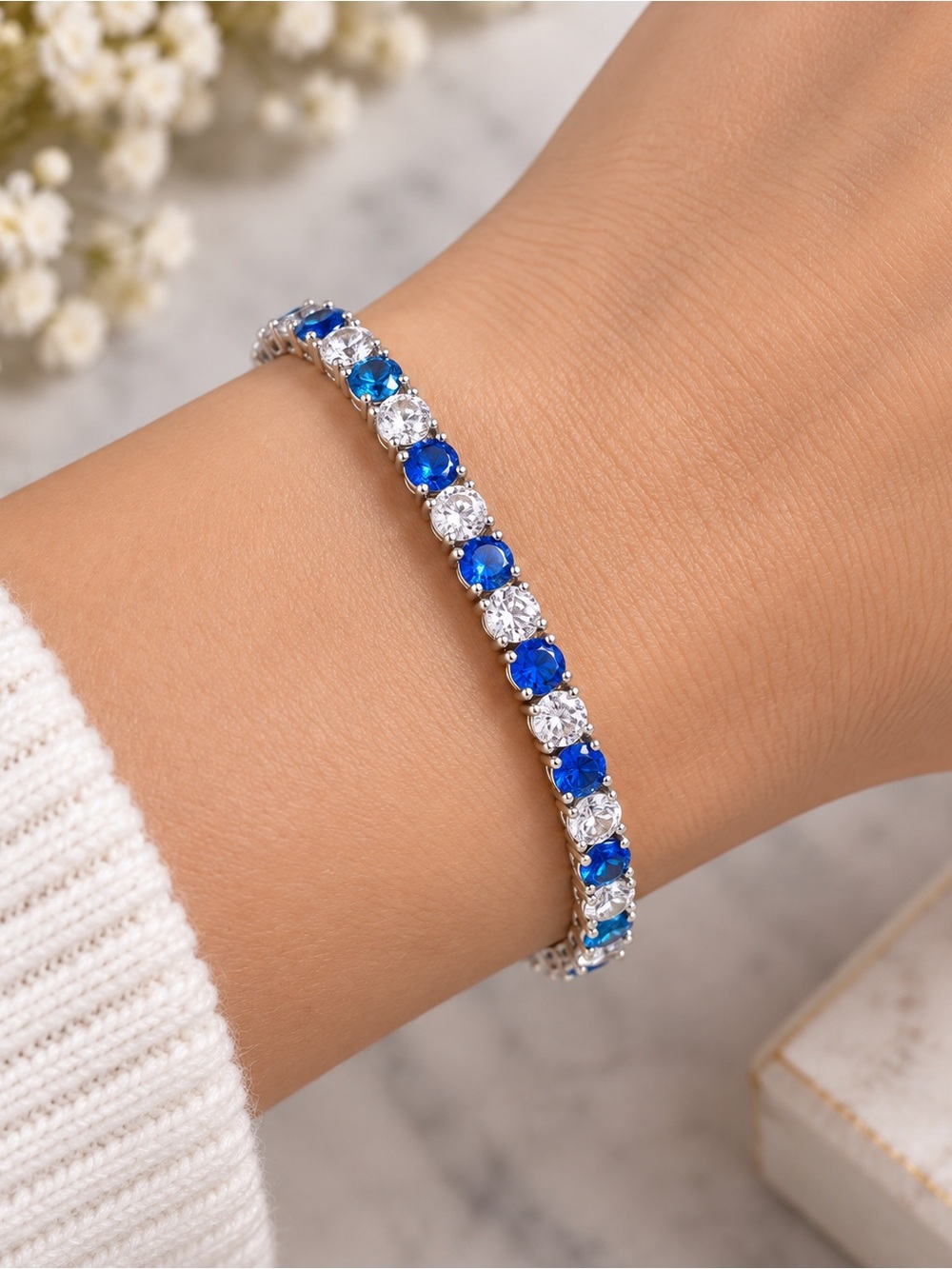 💙 S925 Blue & Clear Stone Tennis Bracelet — 7”